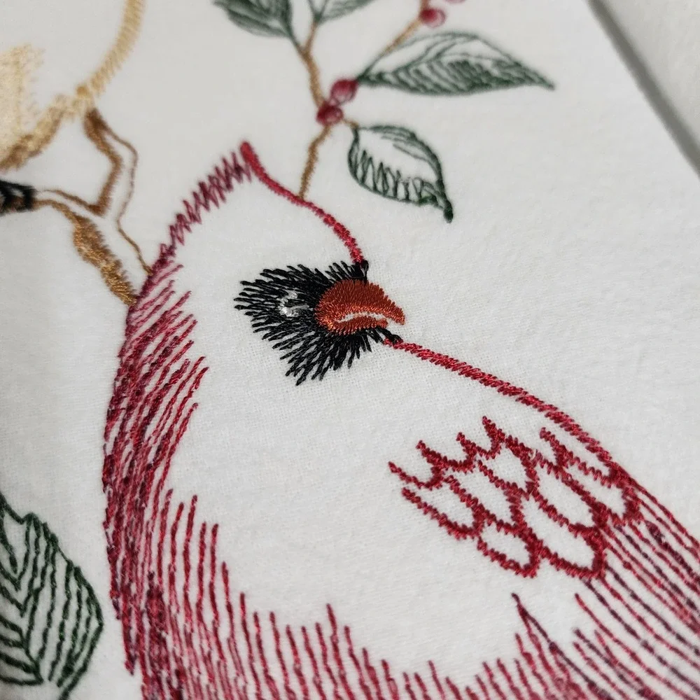 Cardinal Bird Embroidered Cotton Tea Towels Set of 2 White
